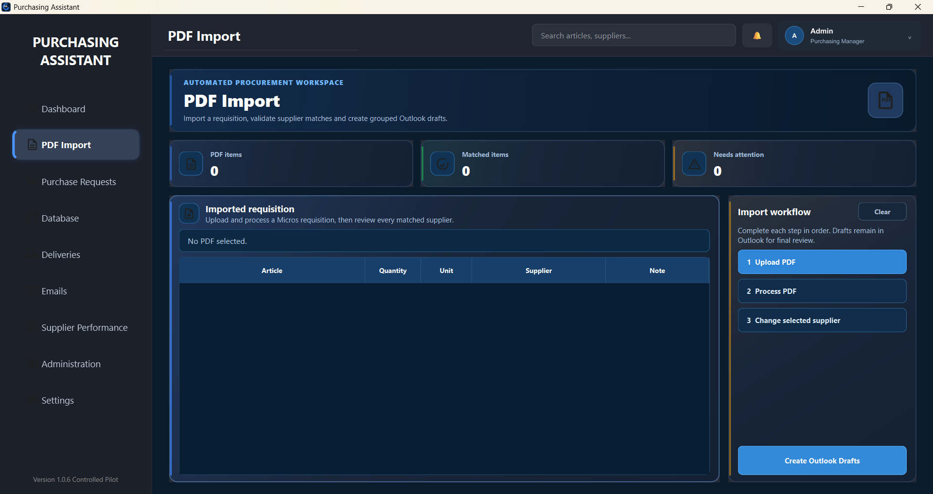 PDF requisition import workspace