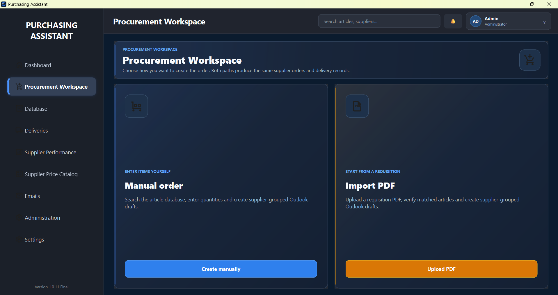 Procurement Workspace with manual order and PDF import options