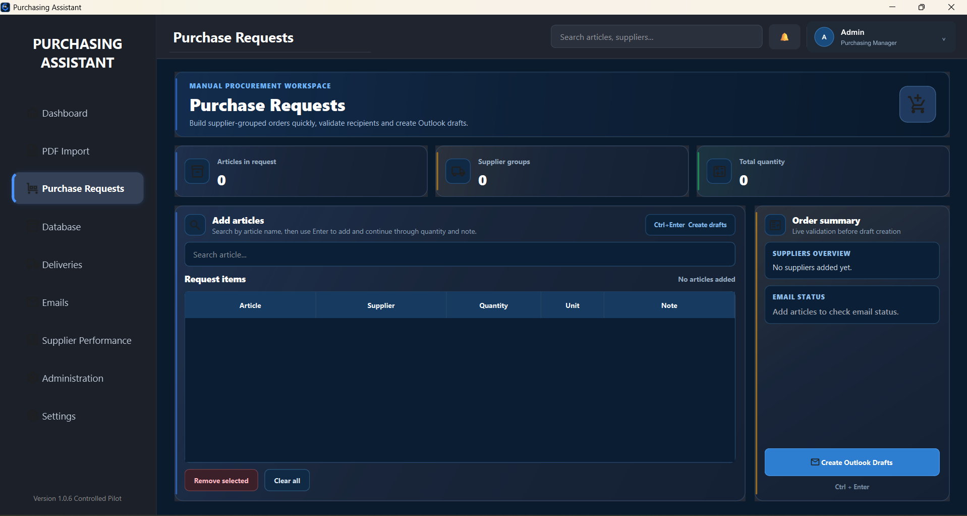 Supplier-grouped purchase request workspace